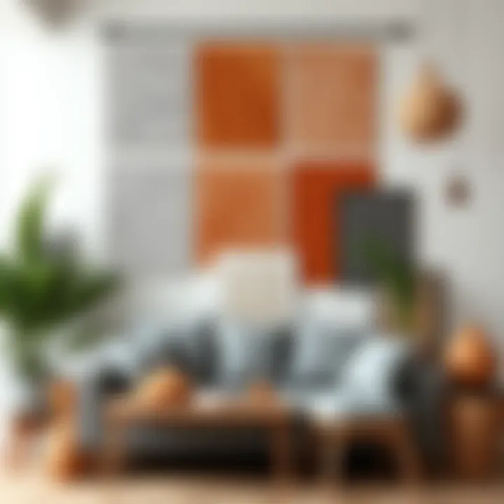 A mood board displaying various combinations of grey and terracotta materials