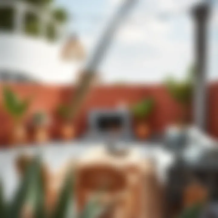 An outdoor space with terracotta accents complemented by grey furnishings