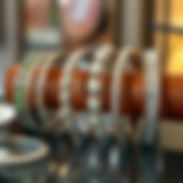 A collection of polished silver bracelets displayed elegantly