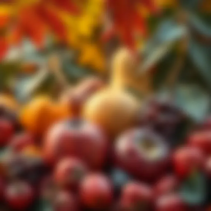 Harvested fruits displayed with lush autumn foliage