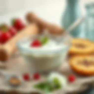 A beautiful bowl of homemade sweet yogurt alongside preparation tools