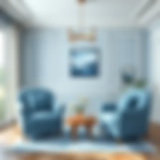 A tranquil living room featuring soft blue armchairs