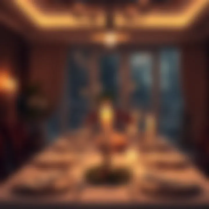 An intimate dinner setting with dim lighting and elegant table decor.