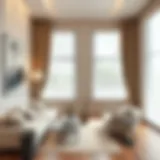 Elegant living room featuring stylish jalousie blinds