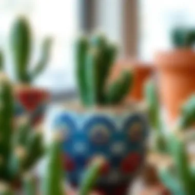 Thriving Cactus in Decorative Pot A close-up view of a thriving cactus in a decorative pot