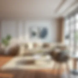 Elegant living room with a neutral colored sofa