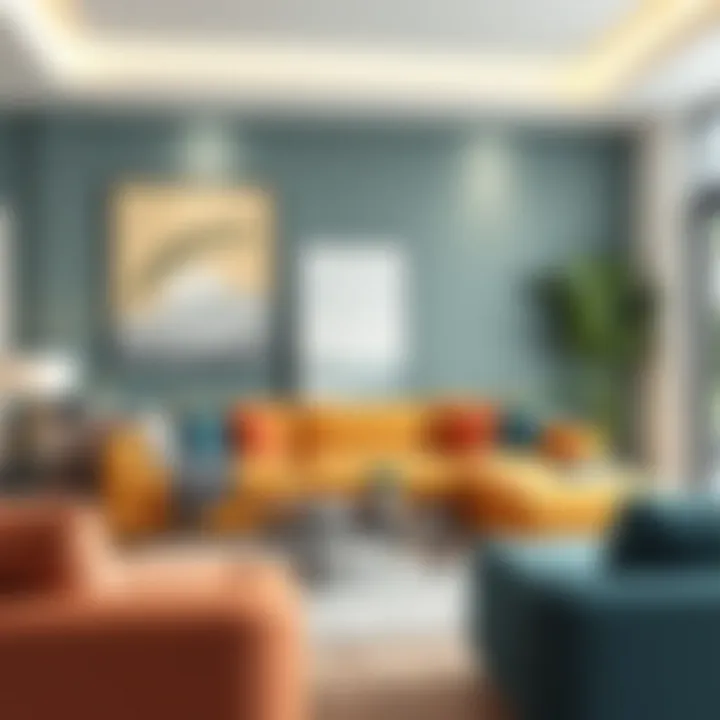 Modern interior design with contrasting sofa colors