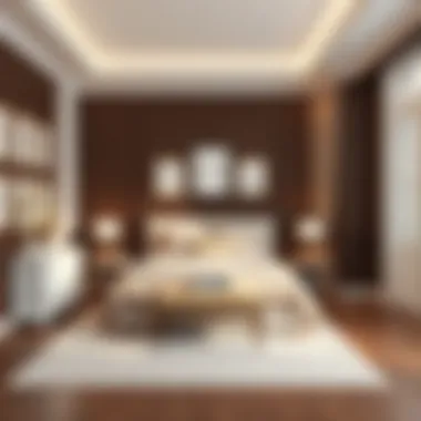 An elegant bedroom showcasing dark brown wall paint with soft furnishings