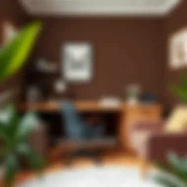 A stylish office space enhanced by dark brown wall paint