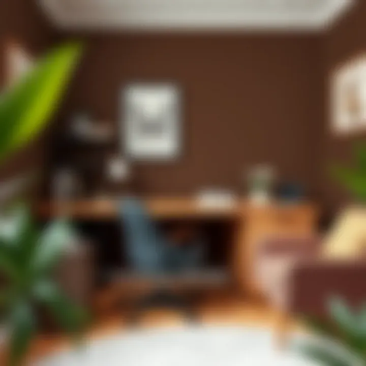 A stylish office space enhanced by dark brown wall paint