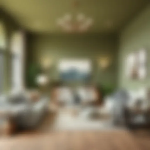 A serene living room adorned with muted furnishings that complement the olive green walls.