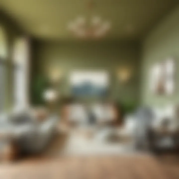 A serene living room adorned with muted furnishings that complement the olive green walls.