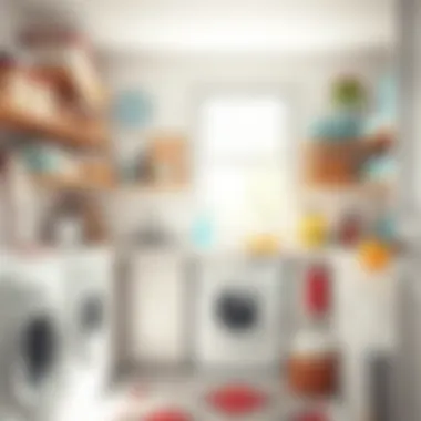 A bright laundry room with cleaning supplies organized neatly.