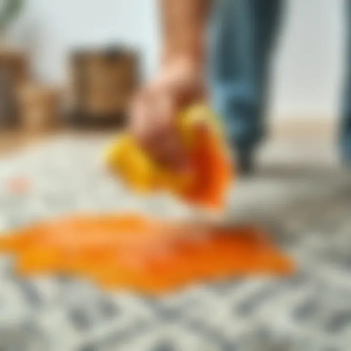 Dabbing Technique for Paint Stain Removal A person using a cloth to dab a paint stain on a rug