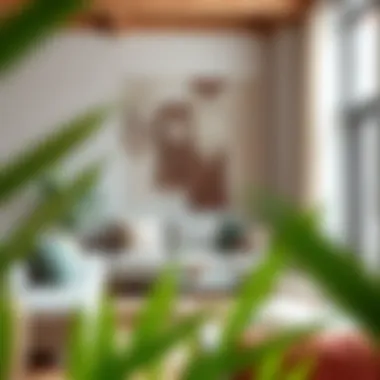 Stylish living room featuring macrame wall art