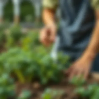 Gardener tending to parsley plants, emphasizing care and maintenance