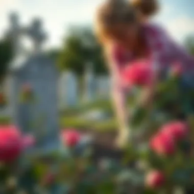 Gardener planting roses at a grave site