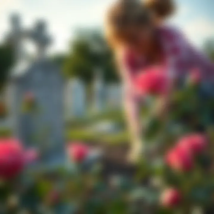 Gardener planting roses at a grave site