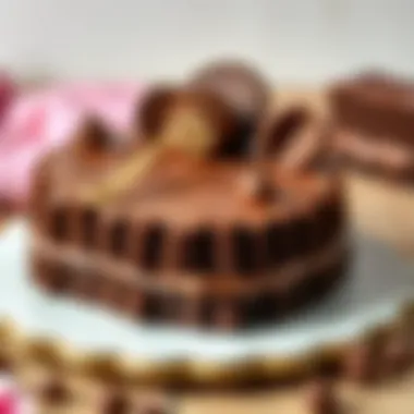 Close-up of a rich chocolate cake with intricate decoration