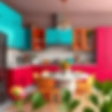Colorful kitchen cabinets enhancing a dining area
