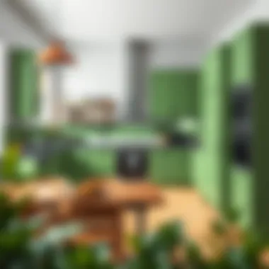 Trendy kitchen featuring bold green cabinetry