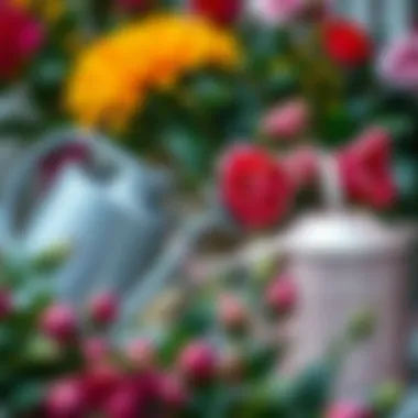 Watering can beside a lush holiday flower arrangement