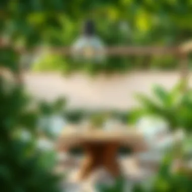 Serene Outdoor Dining with Greenery A serene outdoor dining setting with greenery.