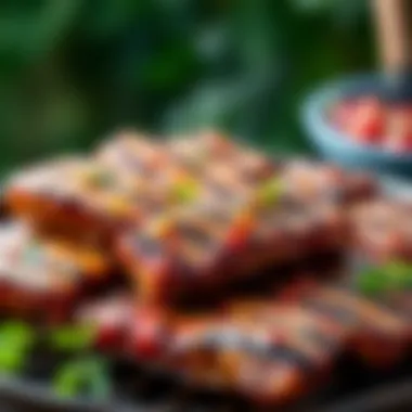 Marinated meats ready to be grilled, showcasing rich colors and textures