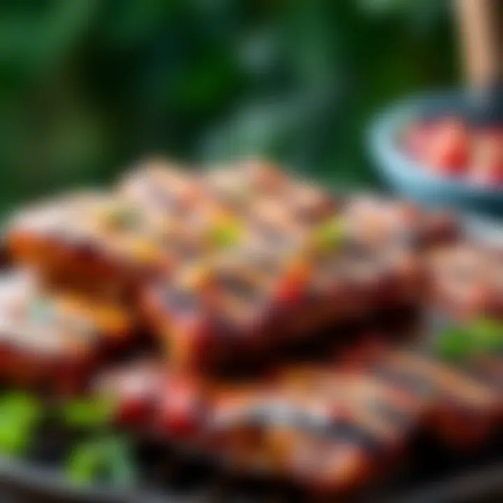 Marinated meats ready to be grilled, showcasing rich colors and textures