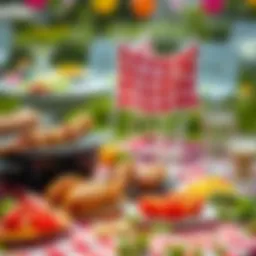A vibrant picnic setup with a barbecue grill and delicious marinated meats