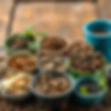 Different components of potting soil displayed in separate containers