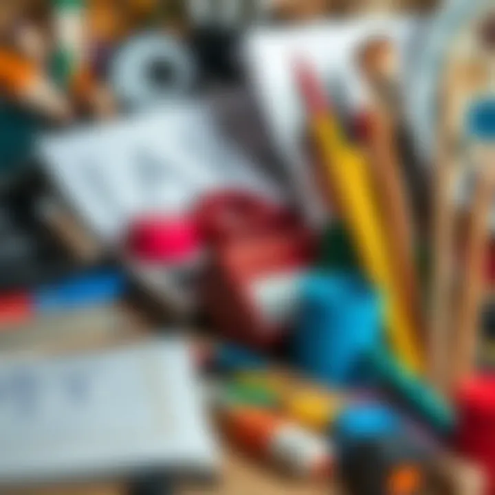 An assortment of art supplies arranged neatly