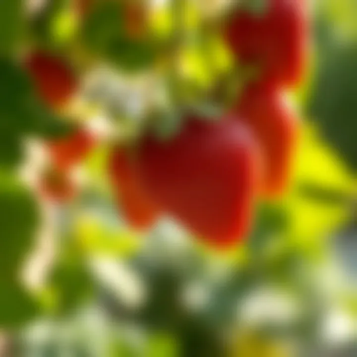 Ripe strawberries hanging on the vine in natural light