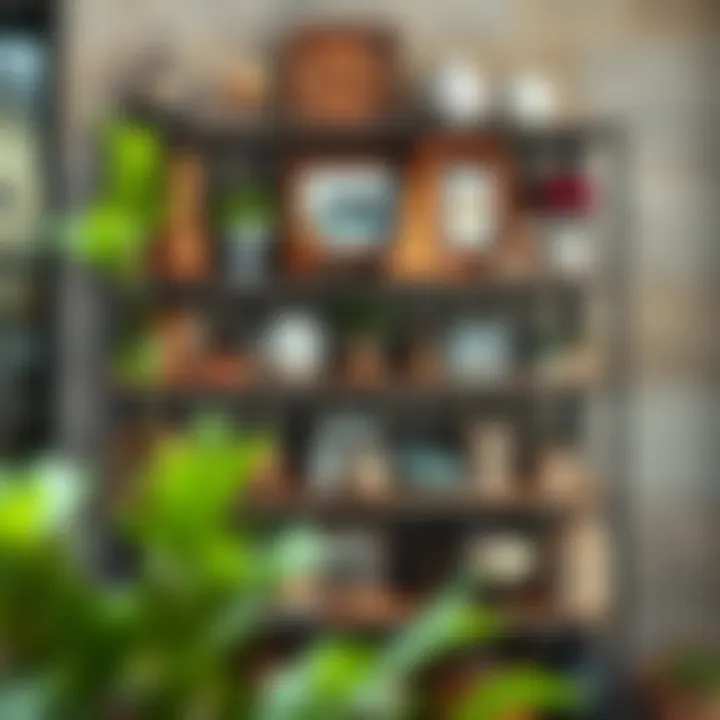 Rustic metal shelf adorned with artistic pieces