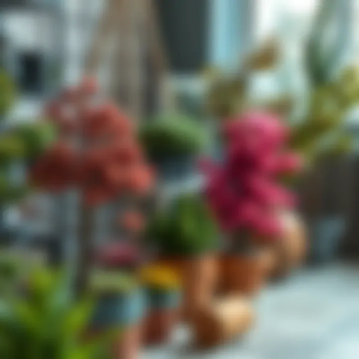 Various types of potted trees arranged artistically