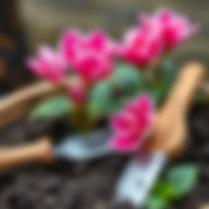 Cyclamen care tips illustrated with tools and soil