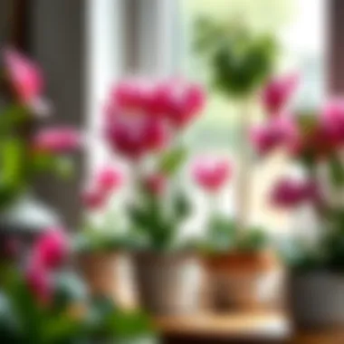 An indoor display of potted cyclamen plants