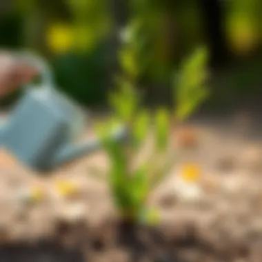 Watering can nourishing the newly planted willow sapling