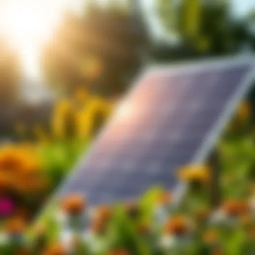 A solar panel absorbing sunlight in a garden setting