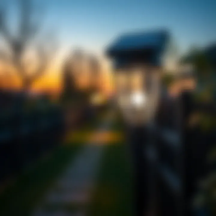 Solar garden lamp illuminating a pathway at dusk