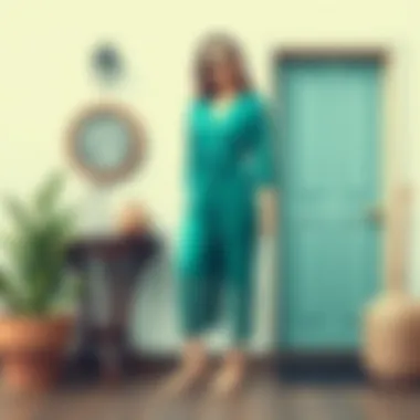 A stylish outfit incorporating aqua green and complementary colors.