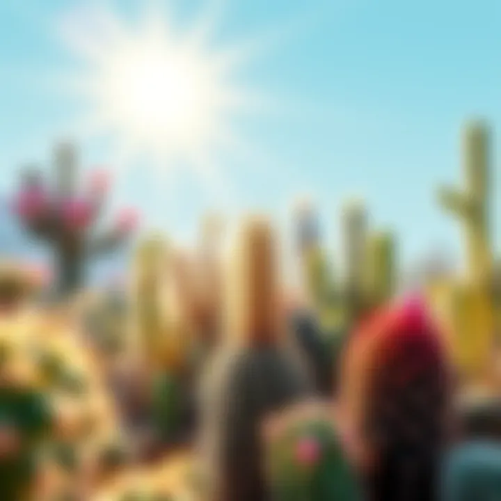 A vibrant cactus garden featuring different species thriving in sunlight