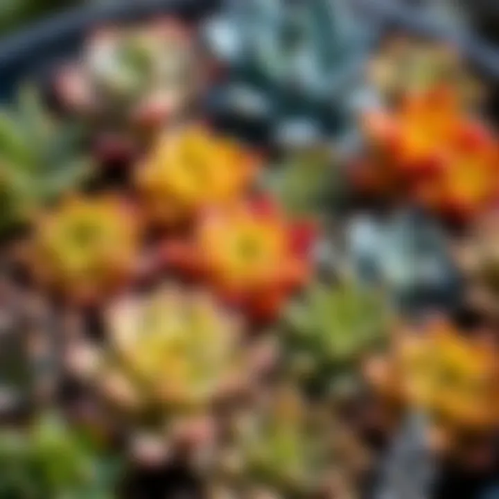 A close-up view of a variety of succulents showcasing their diverse shapes and colors