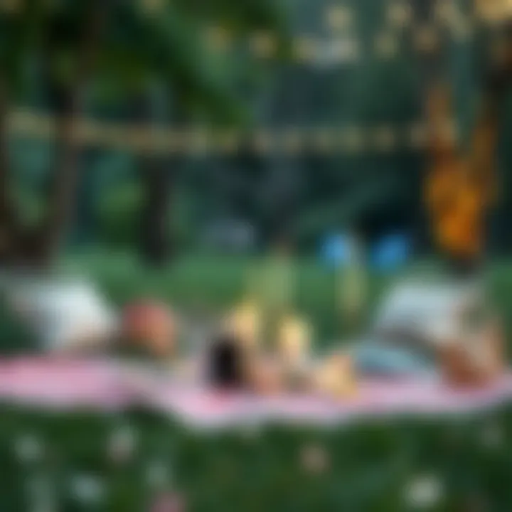 A beautifully arranged surprise picnic setup in a park, complete with candles and flowers.