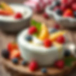 A close-up of creamy sweet yogurt topped with fresh fruits and honey