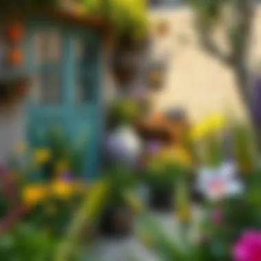 A tranquil garden corner with diverse aromatic plants and flowers