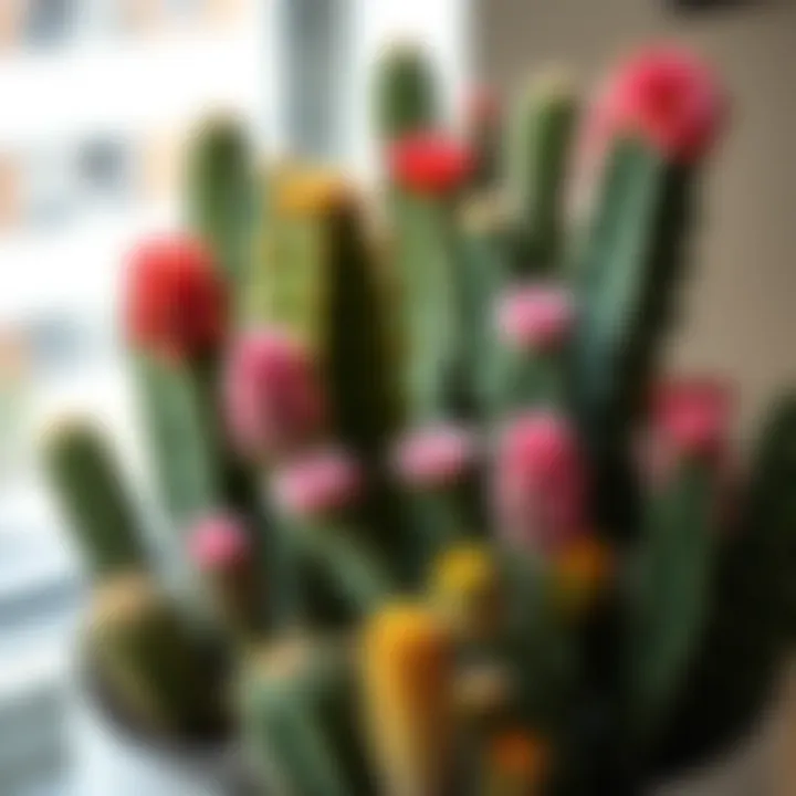 Different species of long cactus flowers displayed in a decorative arrangement