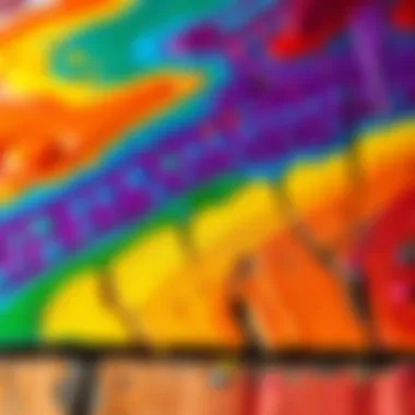 Vibrant colors of acrylic paint on a wooden art piece