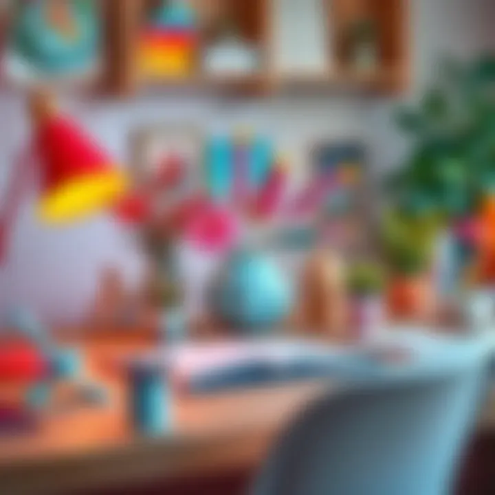 Creative desk arrangement with vibrant colors and unique decor