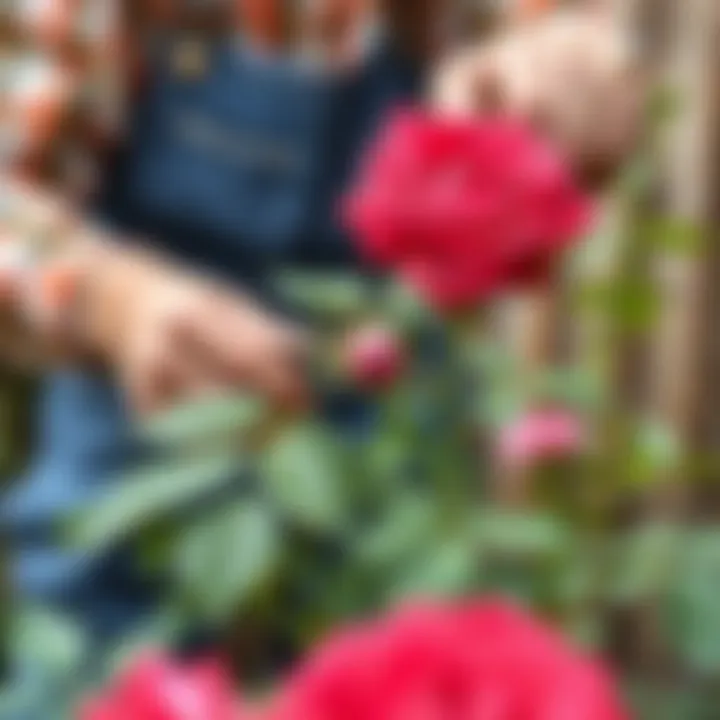 Gardener demonstrating proper pruning technique on a rose plant